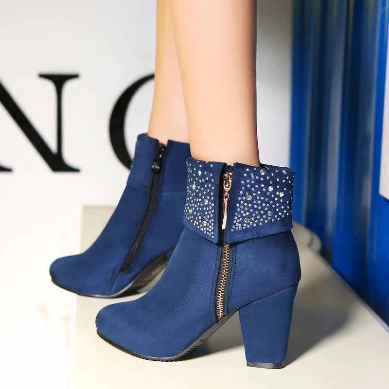 Rhinestone Crystal Sparkle Red Navy Blue Ankle Boots for Women Big Size 46 47 Zipper Chunky High Heels Bling Winter Warm Shoes