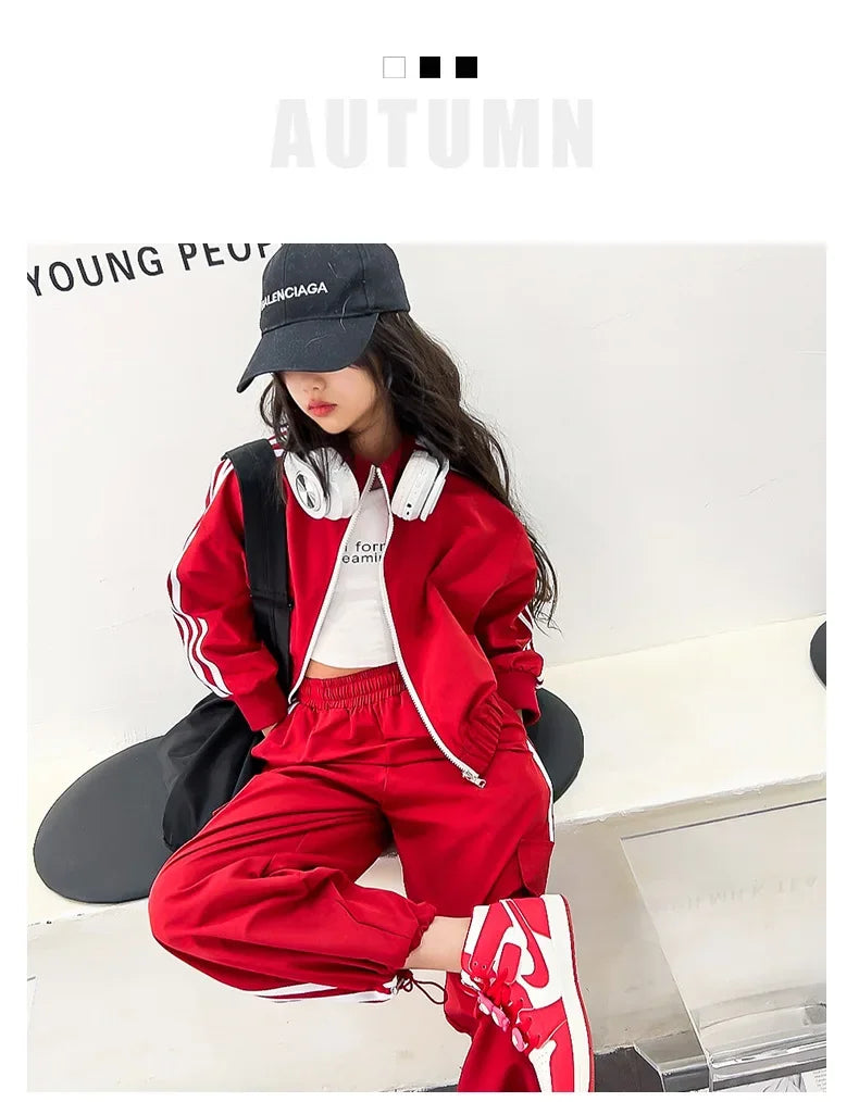 2025 New Girls Outfit Spring/fall Casual Striped Short Jacket  Wide Leg Pants 2-Pieces Fashion School Kids Sporty Tracksuit Set
