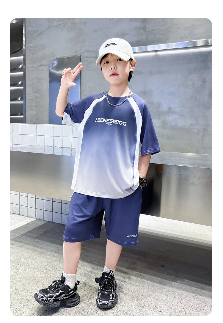 Boys 2PC/Sets For Age 5-14 Years Old Teen Child Clothing Suit New Kids Summer Short Sleeve T-Shirt + Shorts Casual Boys Outfits