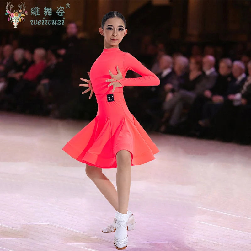 Girls Latin Dance Competition Clothing Glossy Fabric Long Sleeves Dance Dress Kids Cha Rumba Dance Practice Training Wear