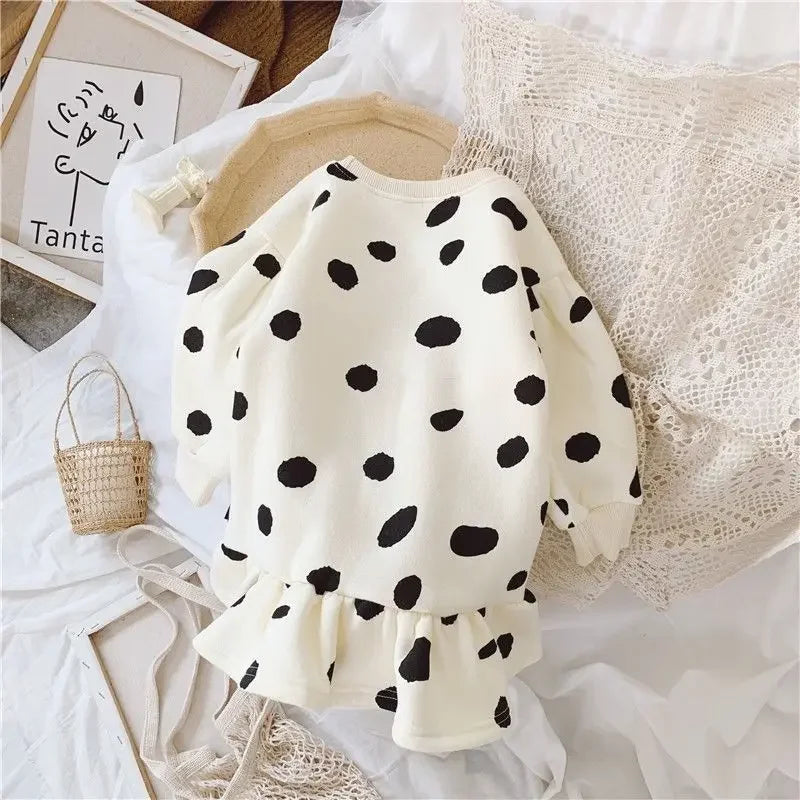 Girls Dress Autumn Spring New Girls' Splicing Pleated Dress Polka Dot Printed Baby Kids Casual Clothing