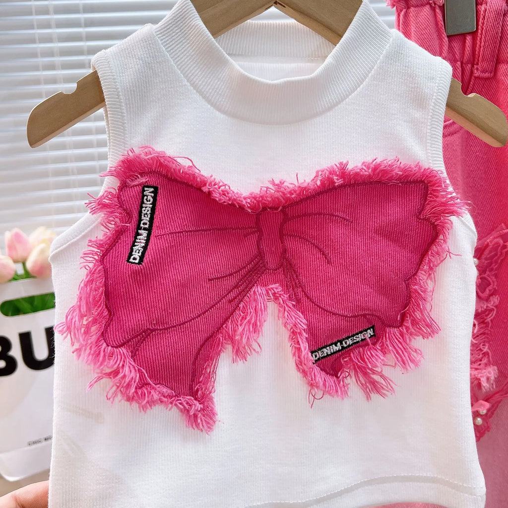 2025 Girls' Summer New Clothing Set Fashion Children's Sleeveless Top+ Ripped Jeans Two-piece Set Baby Clothes