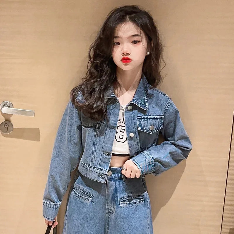 Girls' Autumn Set with Denim Jacket and Jeans, Girls' Denim Suit, Durable and Wear-resistant Children's Clothing