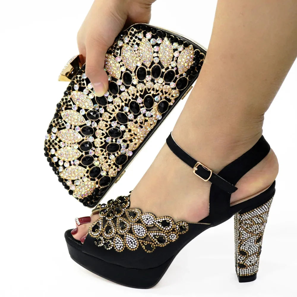 High Heel Shoes for Women Hollowed Out Embroidery Rhinestone Italian Design Rainbow Color Pointed-Toe Shoes and Bags Set