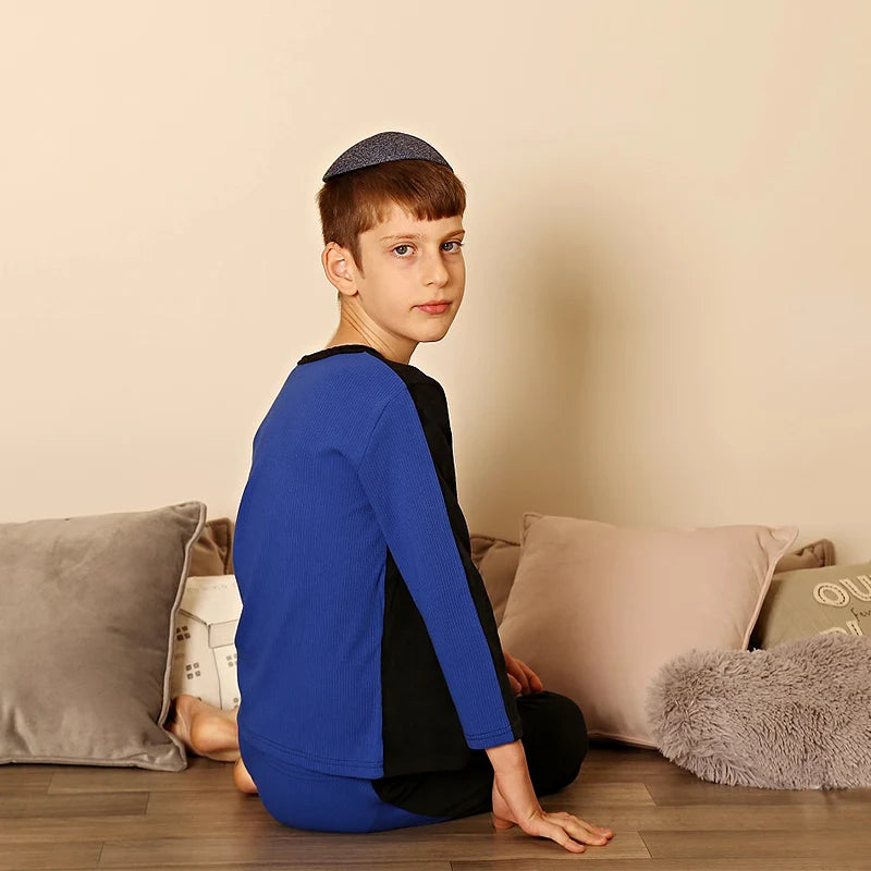 Boys pajama set blue black top and pants kids clothes for boy and girl clothing round neck winter season front velour back rib