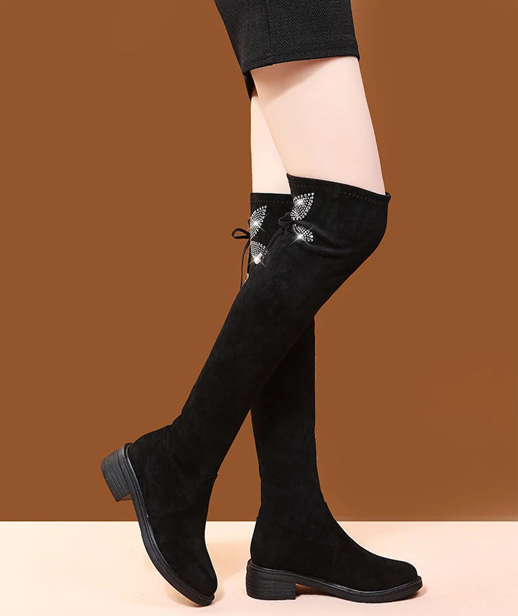 Women's Boots Rhinestone Shoes for Woman Thigh High Footwear Above Over The Knee Middle Heel with Laces Lace-up Quality New In