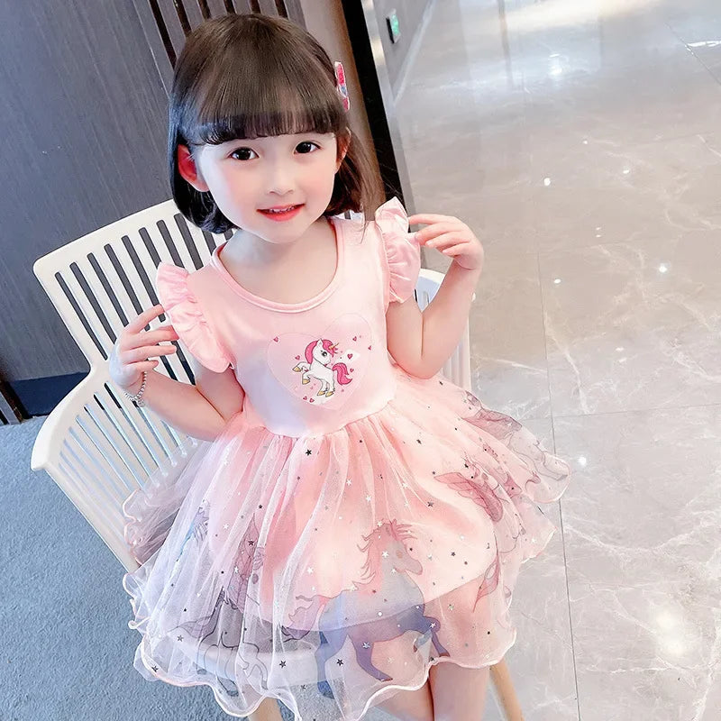 Girls Clothes 2025 New Summer Princess Dresses Flying Sleeve Kids Dress Unicorn Party Baby Dresses for Children Clothing 1-6Y