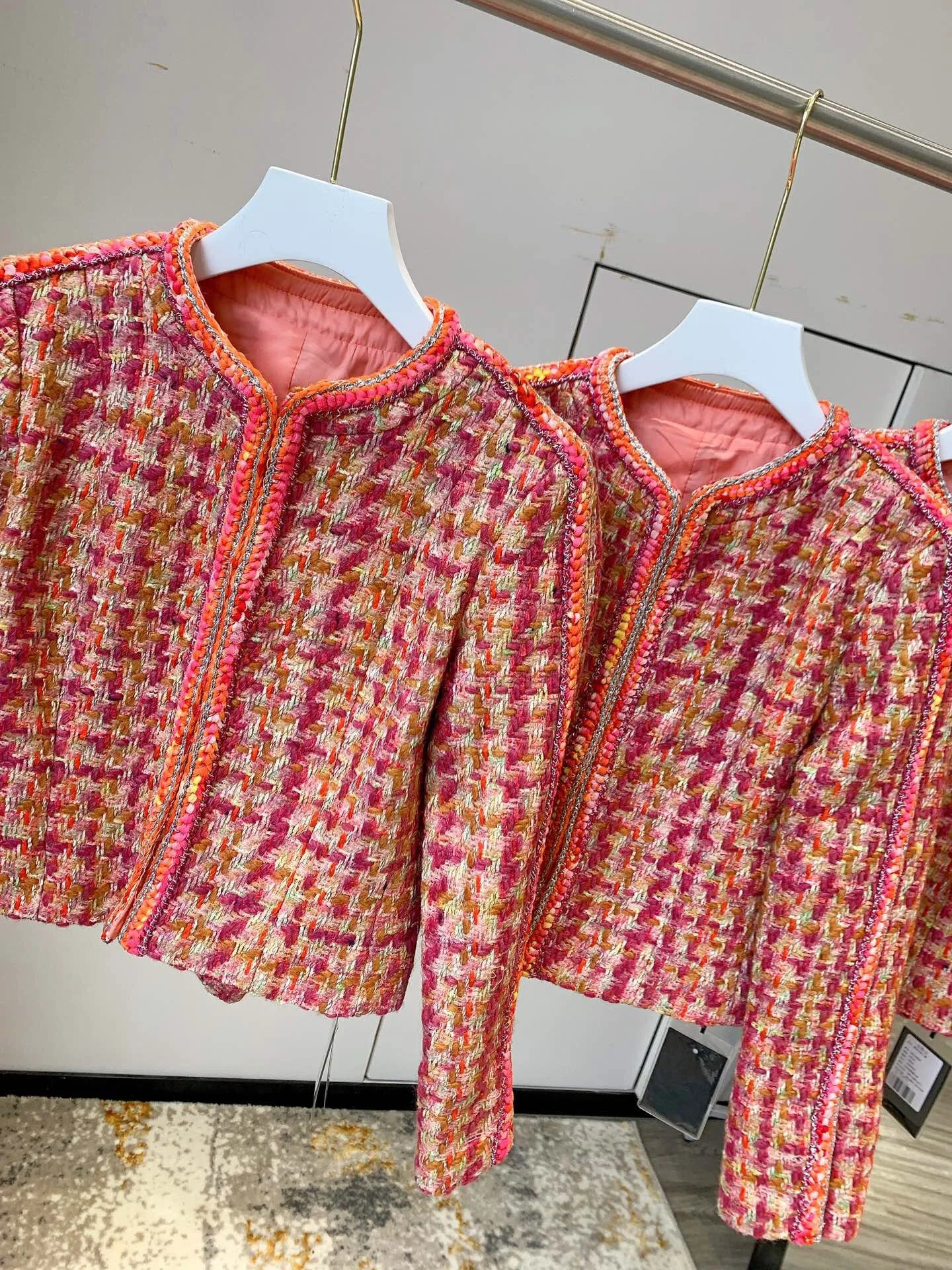 High-end Cropped Jacket for Women, 100% Wool Coat, Colorful Houndstooth, Plaid Tweed Jackets, Short Outwear, Runway Designer