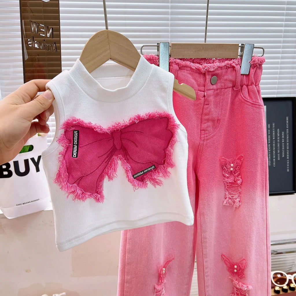 2025 Girls' Summer New Clothing Set Fashion Children's Sleeveless Top+ Ripped Jeans Two-piece Set Baby Clothes