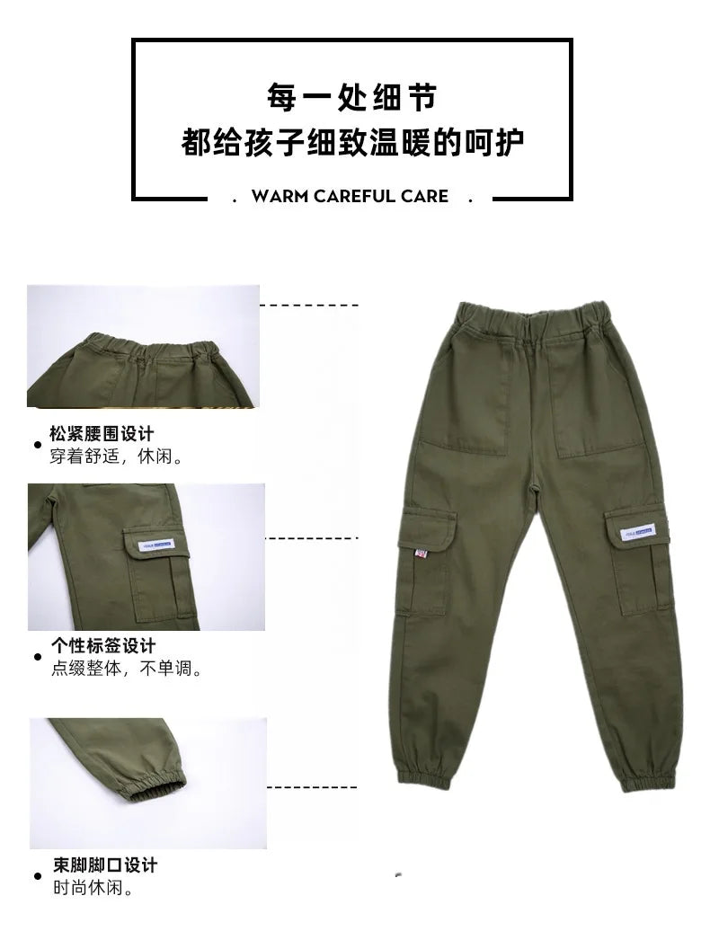 Boys Pants Boys Harem Pants Solid Cargo Pants Teenage Boy Multi-Pocket Trousers Kids Spring Autumn Boys Casual Pants Streetwear
