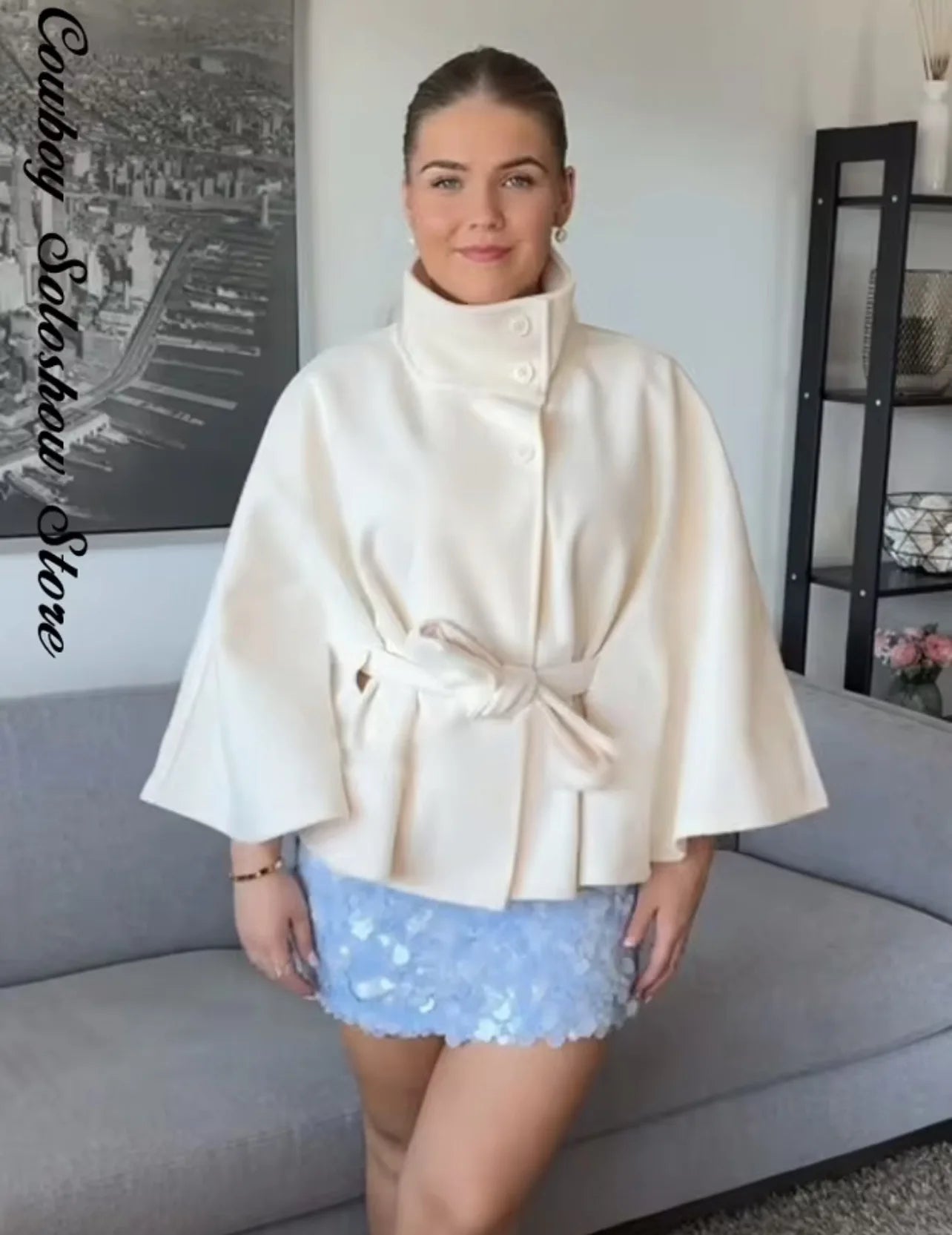 Womens Short Cape Coats For Women Belt Blends Coats Autumn Winter Solid Coats Elegant Cloak Jacket Ladies 2025