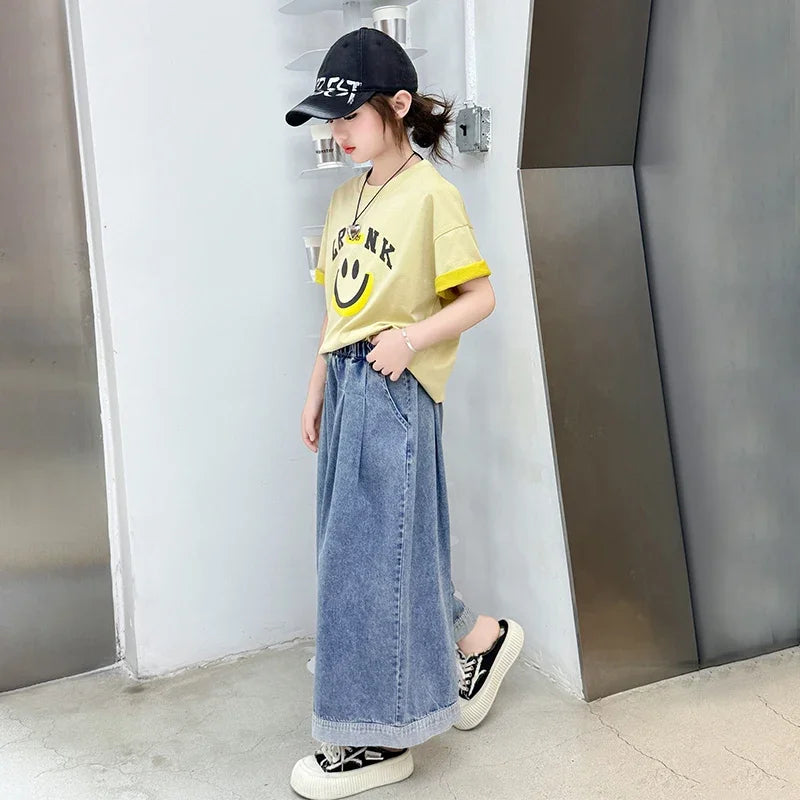 Girls Summer Clothes Sets Children Smiley Face Print Short-Sleeve T-Shirt + Denim Wide-Leg Pants Two-Piece Sets 2025 New