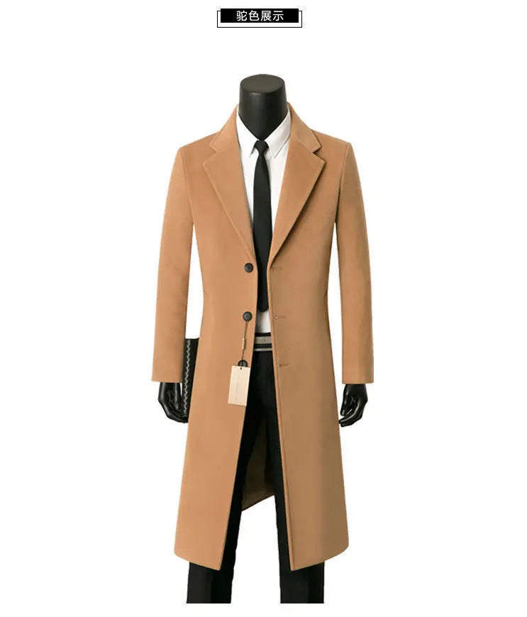 Men woolen coats for autumn and winter long and stylish business casual woolen warm windbreaker suit collar dad-style men's coat