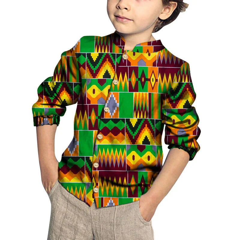 Kids Clothing Kids Boys African Fashion New Boy's Tops Bazin Riche African Wax Print Patchwork Cotton Shirt for Boys