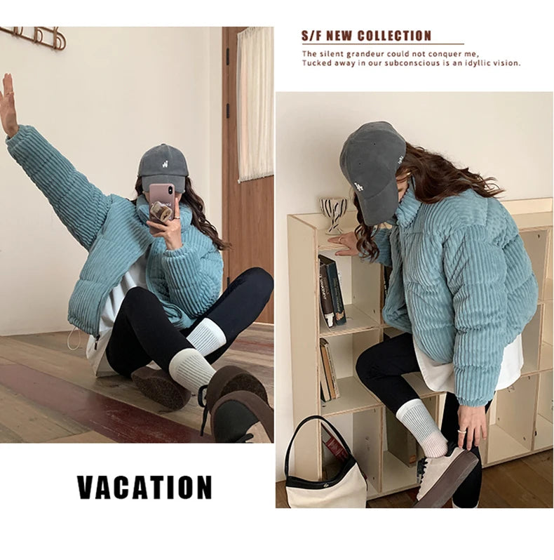Women Short Parkas Jackets 2025 Autumn Winter Corduroy Long Zipper Thick Warm Outwear Coats Female Winter Jackets parkas Coats