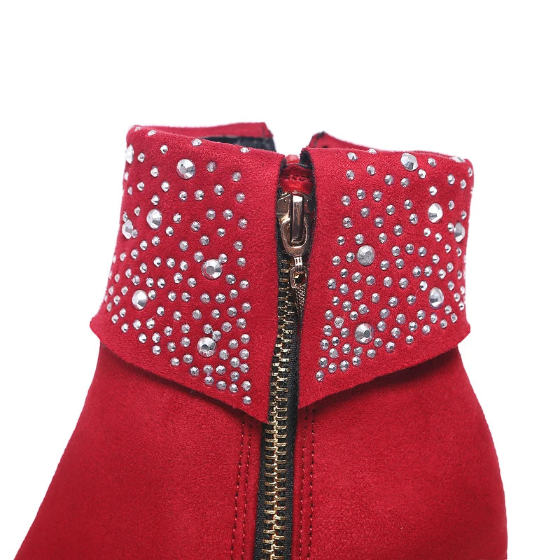Rhinestone Crystal Sparkle Red Navy Blue Ankle Boots for Women Big Size 46 47 Zipper Chunky High Heels Bling Winter Warm Shoes