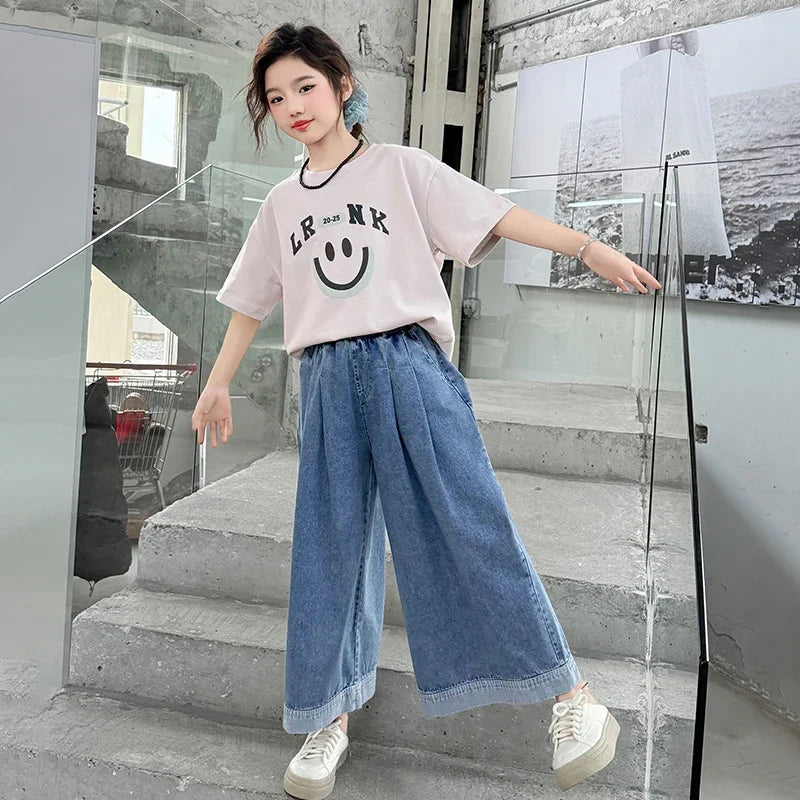 Girls Summer Clothes Sets Children Smiley Face Print Short-Sleeve T-Shirt + Denim Wide-Leg Pants Two-Piece Sets 2025 New