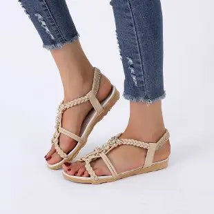 Rhinestone Sandals Women's Summer 2024 New Bohemian Diamond Flat All-match Flat Heel Open Toe Plus Size Women's Holiday Shoes