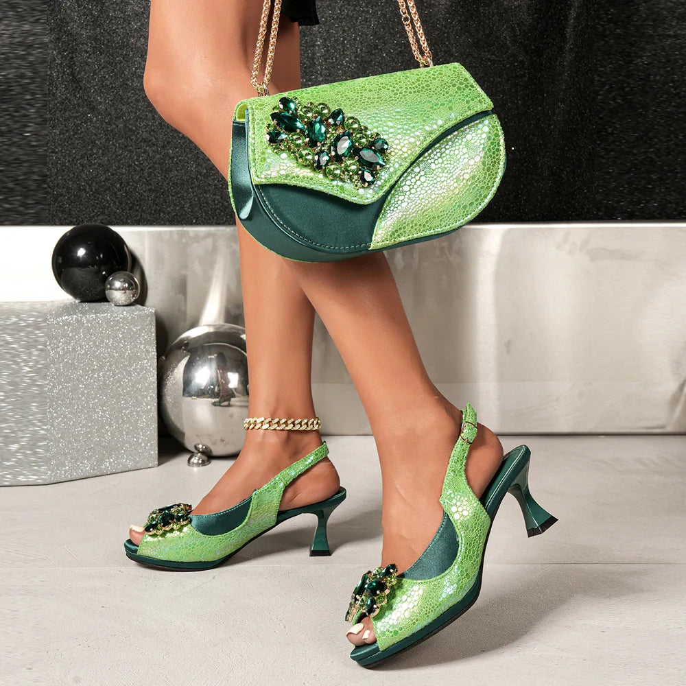 2025 New Rhinestone Design African Shoes & Bag Set in Green – Open Toe Comfortable Women's Heels - Hot Sale on Instagram