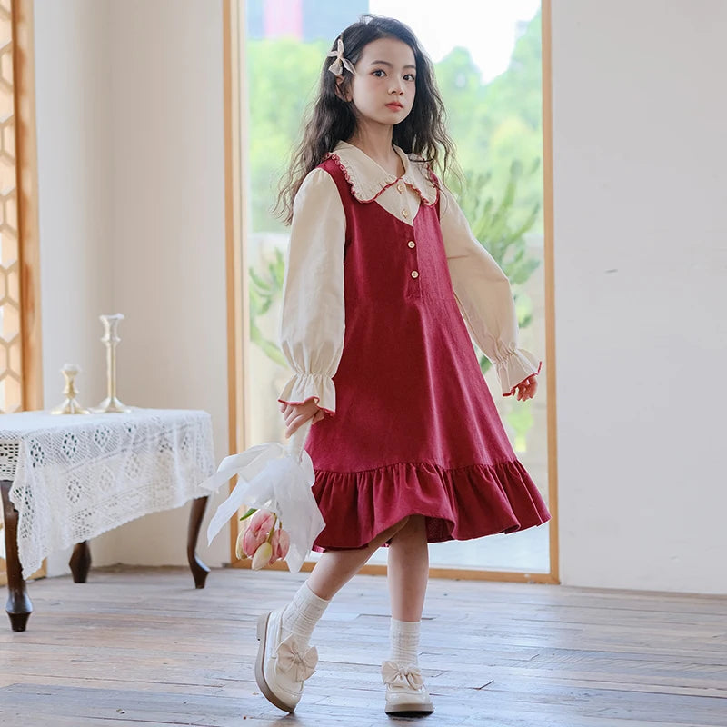 Girls Dress 2023 Winter Korean Style Children's Clothing Girls Fake Two-Piece Lapel Forest Fishtail Skirt Corduroy Princess Dress