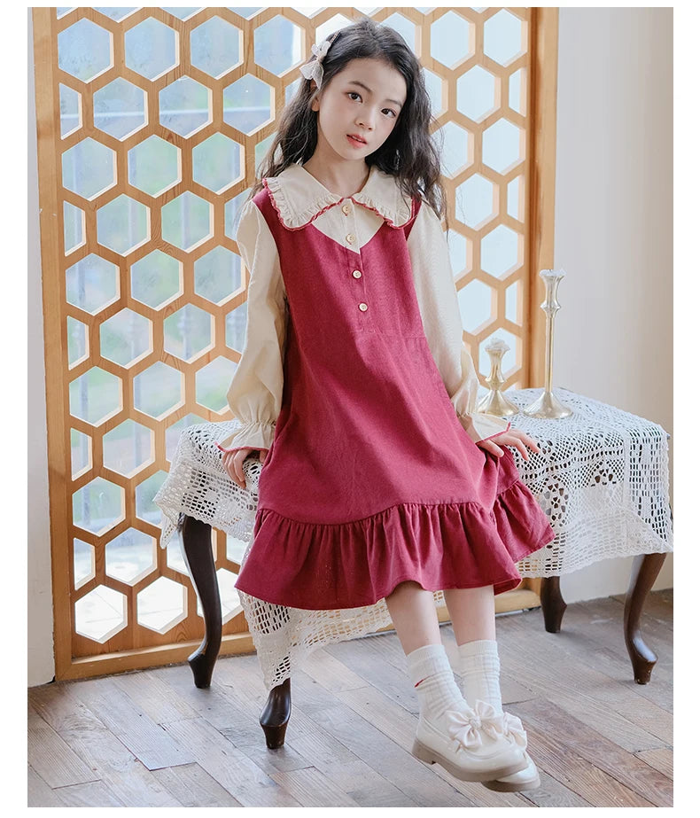Girls Dress 2023 Winter Korean Style Children's Clothing Girls Fake Two-Piece Lapel Forest Fishtail Skirt Corduroy Princess Dress