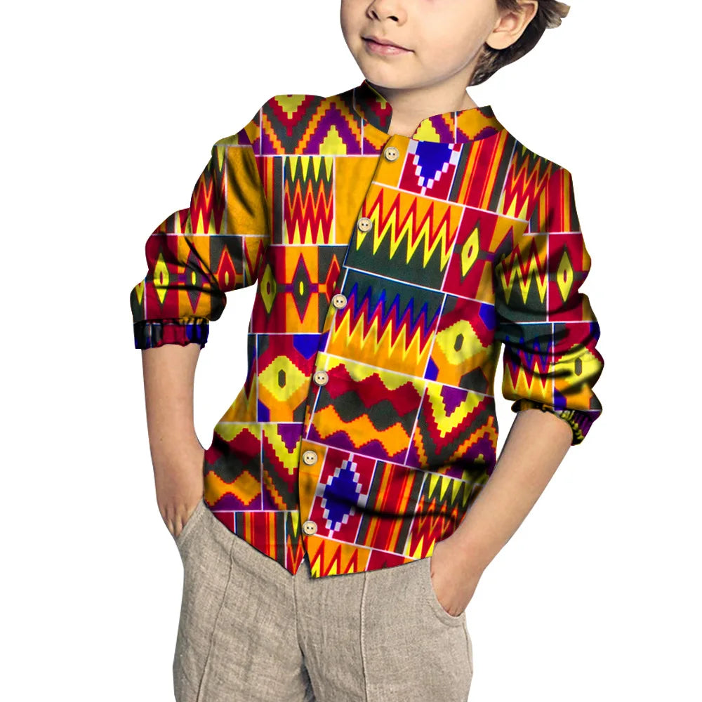 Kids Clothing Kids Boys African Fashion New Boy's Tops Bazin Riche African Wax Print Patchwork Cotton Shirt for Boys