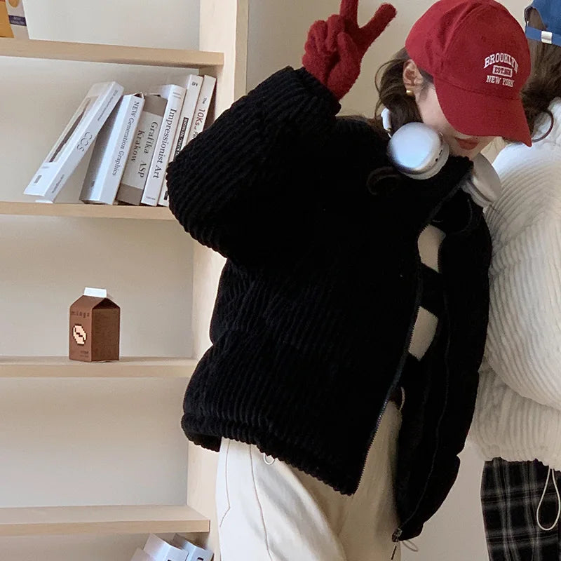 Women Short Parkas Jackets 2025 Autumn Winter Corduroy Long Zipper Thick Warm Outwear Coats Female Winter Jackets parkas Coats