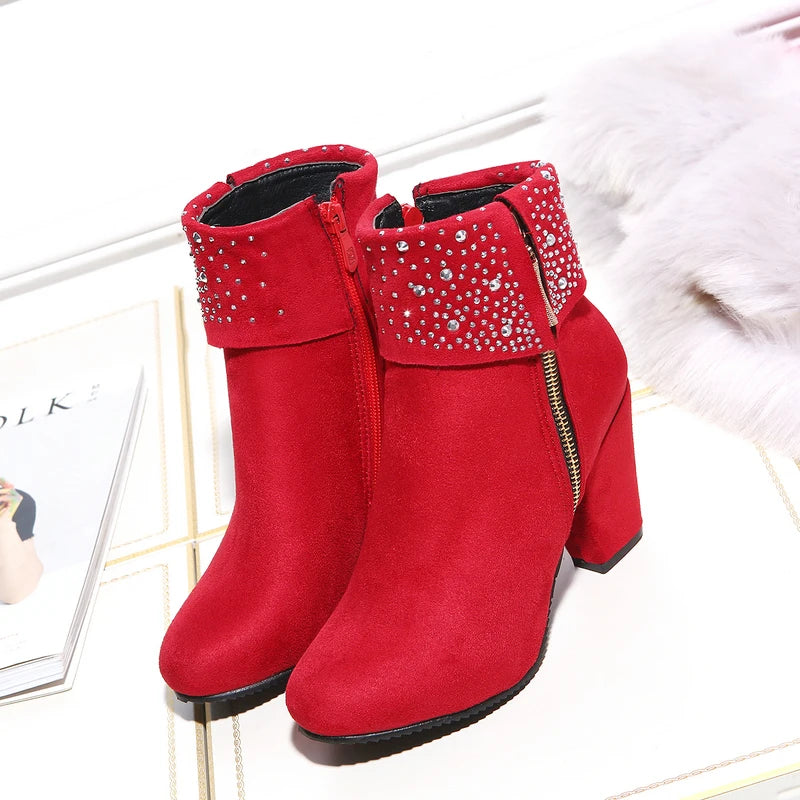 Rhinestone Crystal Sparkle Red Navy Blue Ankle Boots for Women Big Size 46 47 Zipper Chunky High Heels Bling Winter Warm Shoes