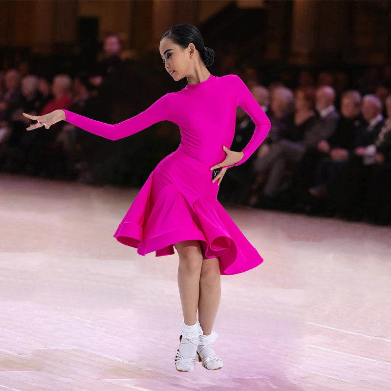Girls Latin Dance Competition Clothing Glossy Fabric Long Sleeves Dance Dress Kids Cha Rumba Dance Practice Training Wear