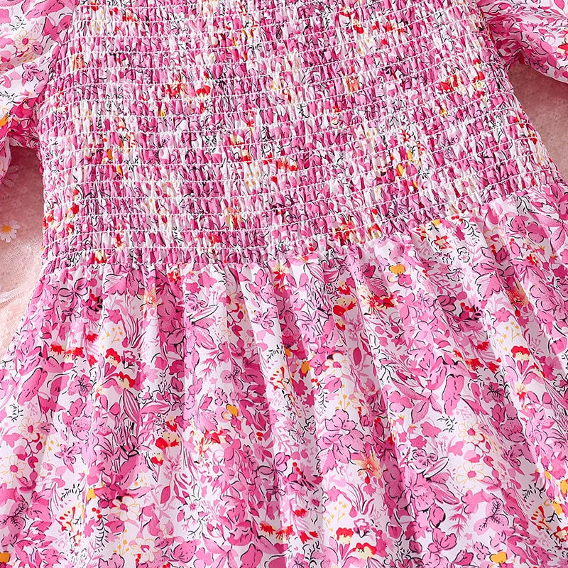 Girls Clothes 2024 New Summer Princess Dresses 8-12Y Shirred-Bodice Floral Puffed Sleeves Elegant Casual Kids Dress For Girls