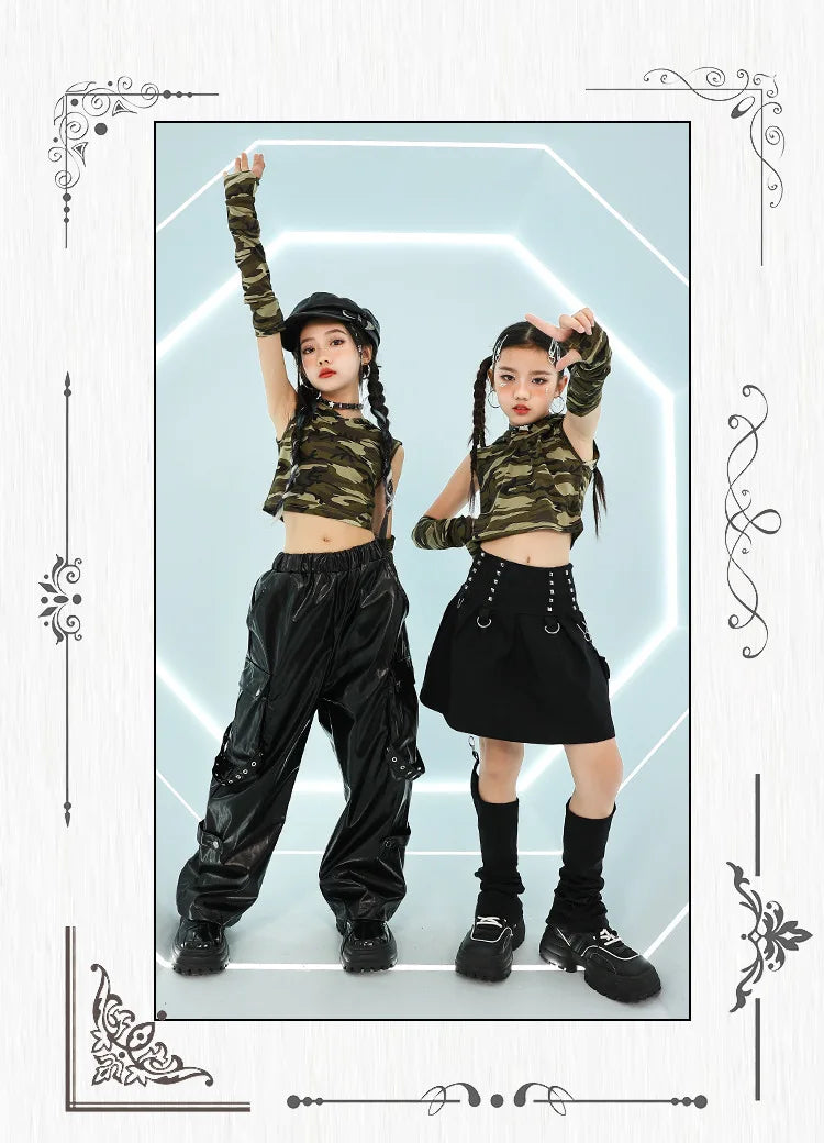 Girls Jazz Dance Costumes, Hip-hop Stage Costumes, Zumba Practice Clothes, Camouflage Children's Clothing Suits,10-12 Years Old