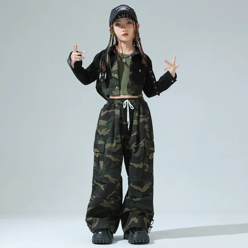 Girls Hip Hop Clothing Green Crop Top Camouflage Casual Wide Pockets Cargo Pants for Kids Jazz Dance Costume Clothes