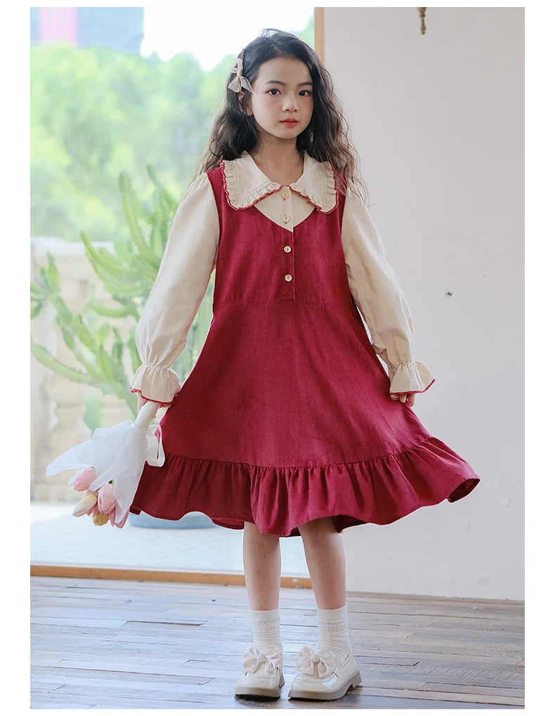 Girls Dress 2023 Winter Korean Style Children's Clothing Girls Fake Two-Piece Lapel Forest Fishtail Skirt Corduroy Princess Dress