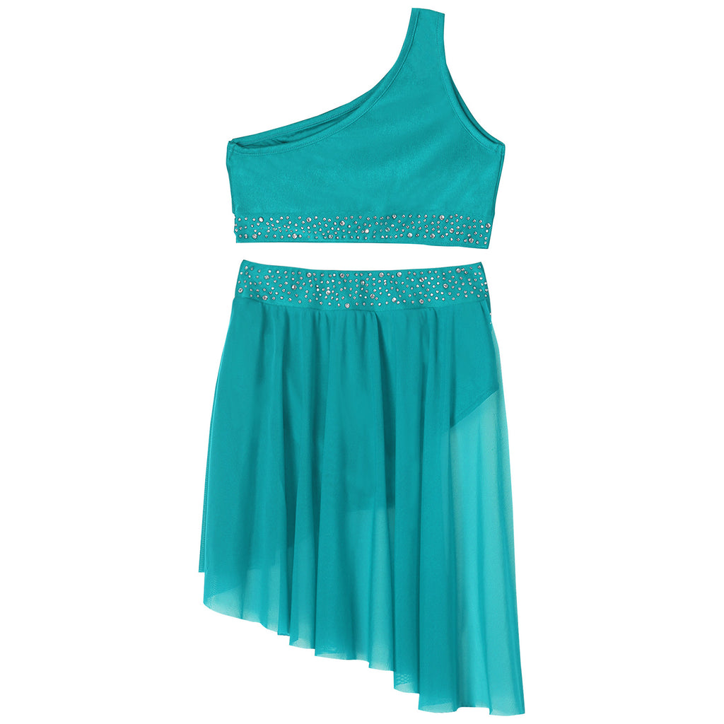 Girls Lyrical Dance Outfit Shiny One Shoulder Crop Top with Skirt for Jazz Skating Ballet Gymnastics Acrobatics Performance
