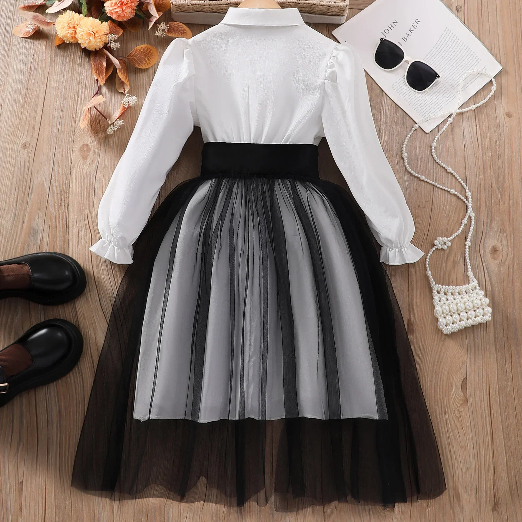 8-12Yrs Girls Clothing Elegant Party Dresses Kids Dress for Girl Long Sleeve Pure White Children Casual Dresses