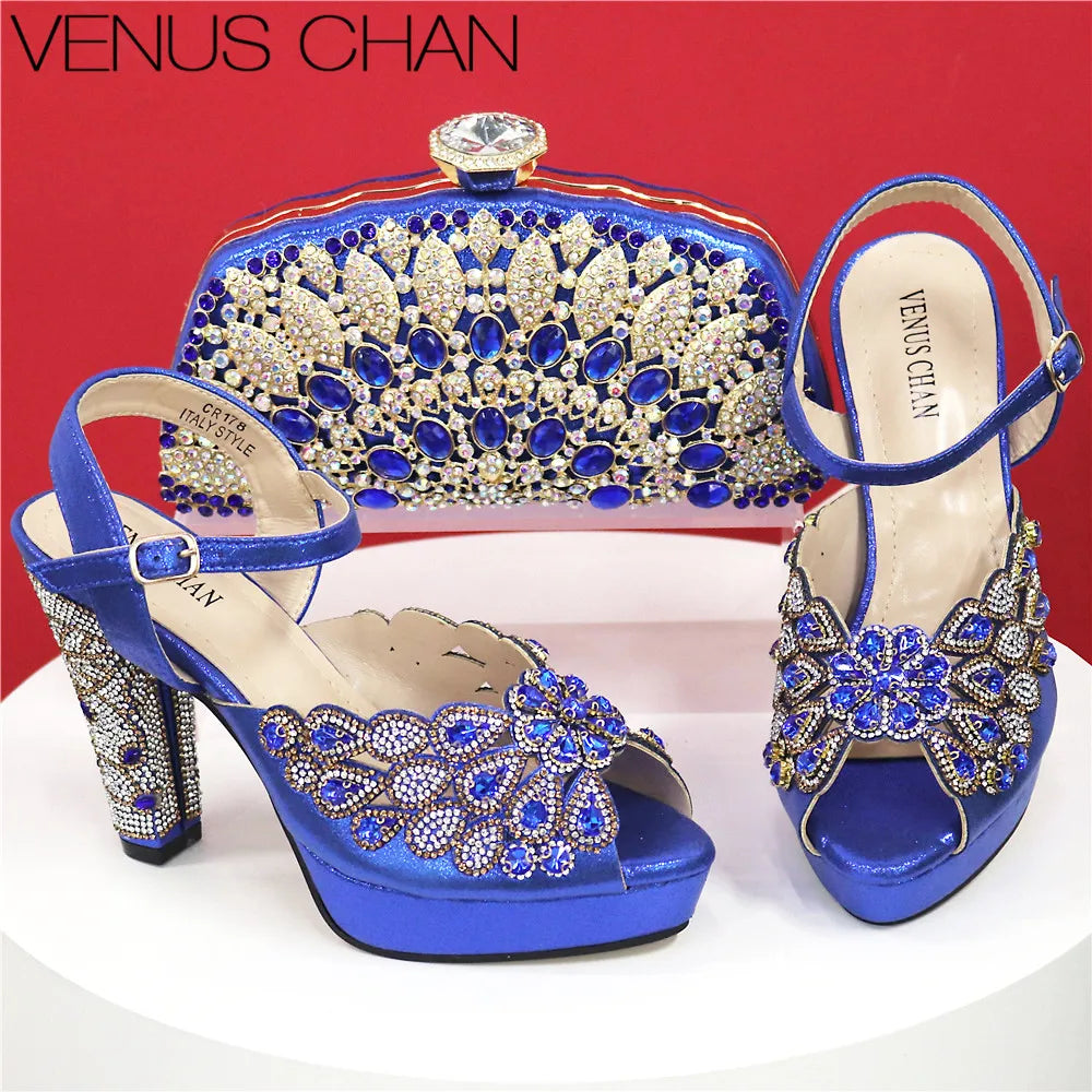 High Heel Shoes for Women Hollowed Out Embroidery Rhinestone Italian Design Rainbow Color Pointed-Toe Shoes and Bags Set