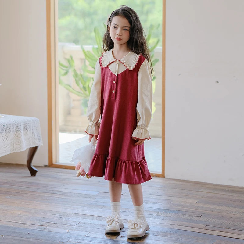 Girls Dress 2023 Winter Korean Style Children's Clothing Girls Fake Two-Piece Lapel Forest Fishtail Skirt Corduroy Princess Dress