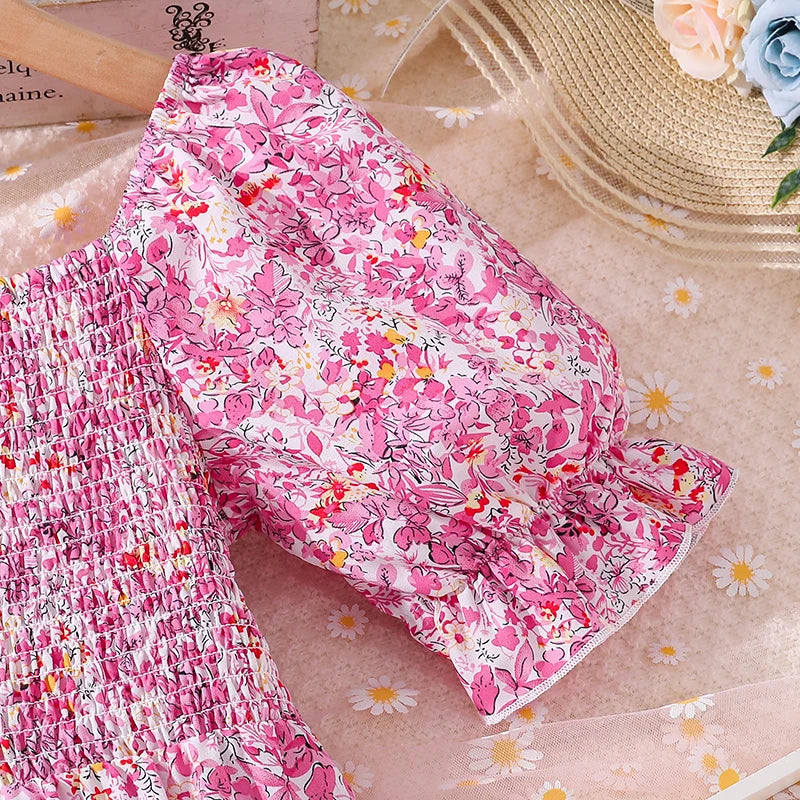 Girls Clothes 2024 New Summer Princess Dresses 8-12Y Shirred-Bodice Floral Puffed Sleeves Elegant Casual Kids Dress For Girls