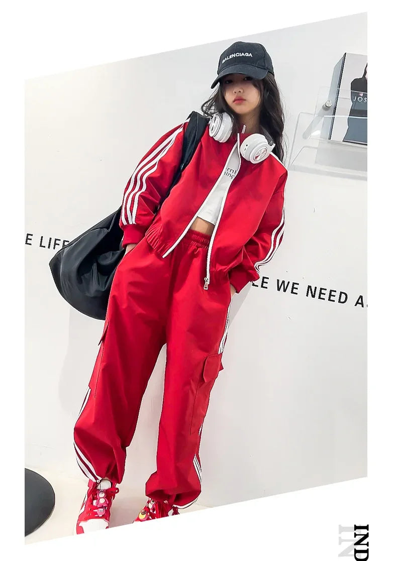 2025 New Girls Outfit Spring/fall Casual Striped Short Jacket  Wide Leg Pants 2-Pieces Fashion School Kids Sporty Tracksuit Set