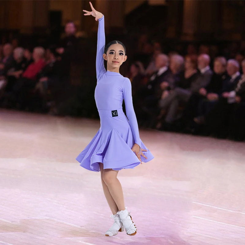 Girls Latin Dance Competition Clothing Glossy Fabric Long Sleeves Dance Dress Kids Cha Rumba Dance Practice Training Wear