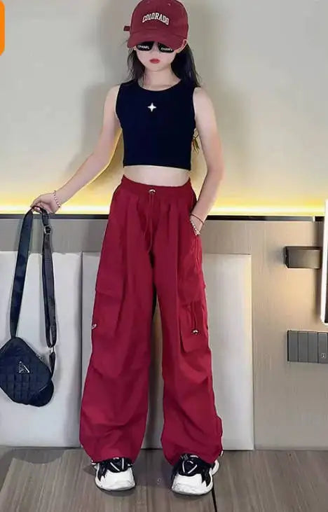 Girls Cargo Pants 5-14 Years Spring Fashion Children Loose Trousers Autumn Kids New Style Wide-leg Pants Girl Casual Clothing