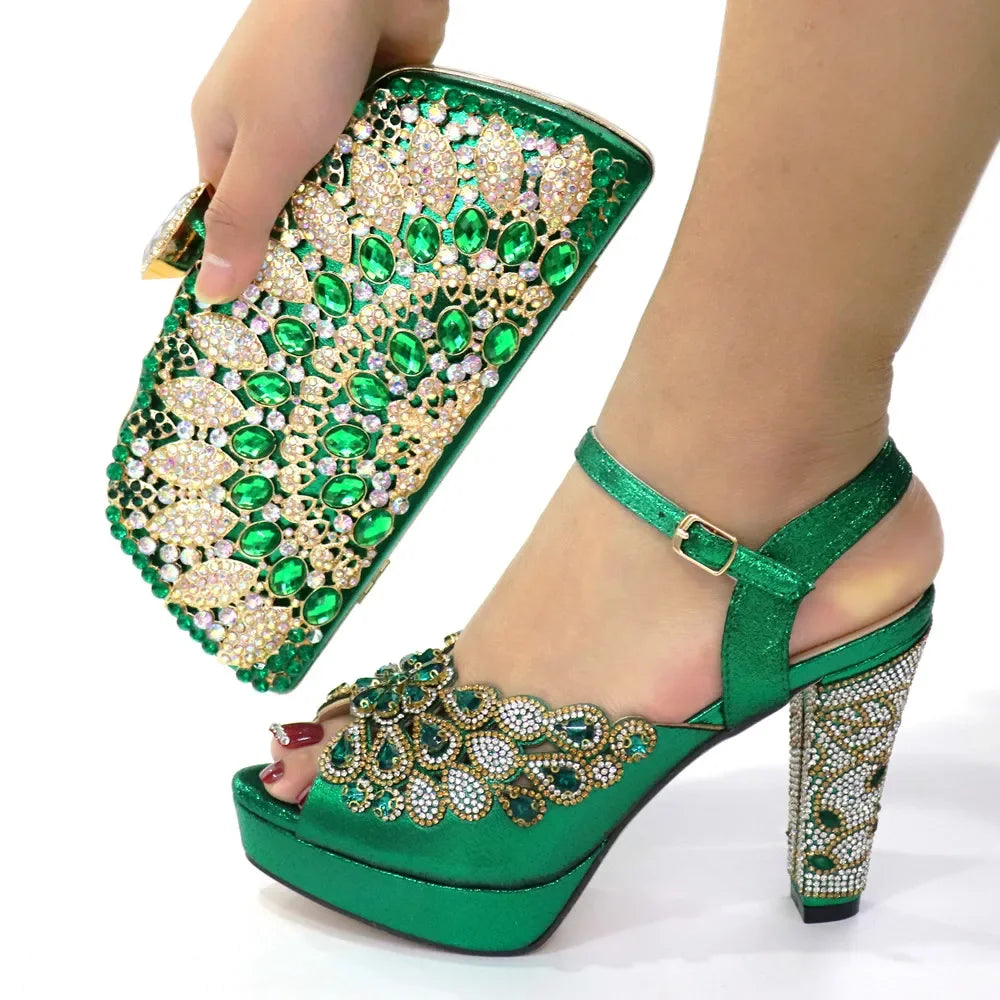 High Heel Shoes for Women Hollowed Out Embroidery Rhinestone Italian Design Rainbow Color Pointed-Toe Shoes and Bags Set