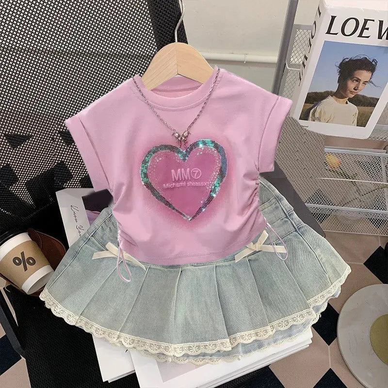 Girls' Short Sleeve Set 2025 Summer New Children's Clothing Girls' Stylish Printed T-shirt Cowboy Short Skirt Two Piece Set