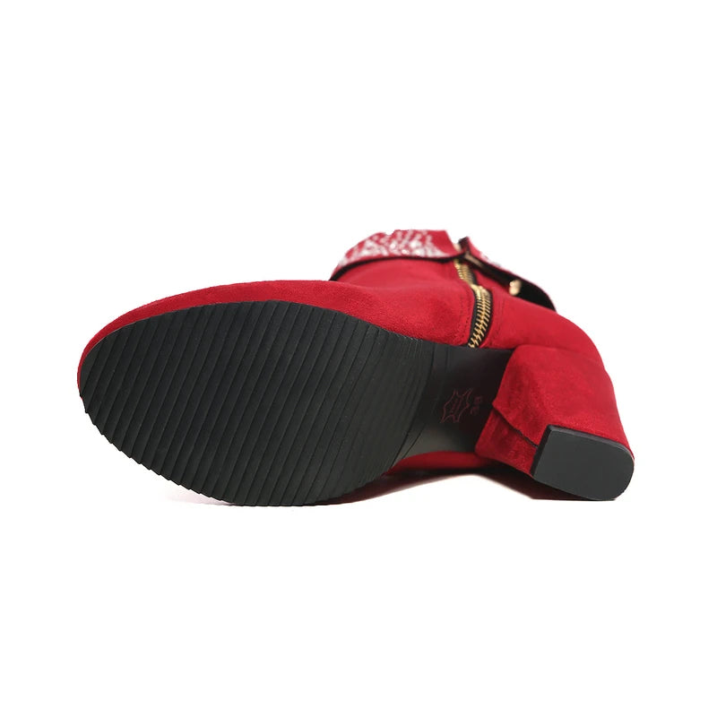 Rhinestone Crystal Sparkle Red Navy Blue Ankle Boots for Women Big Size 46 47 Zipper Chunky High Heels Bling Winter Warm Shoes