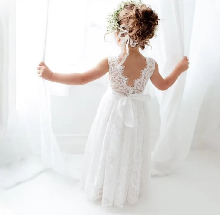 Girls Fashion Open Back Princess Dress 3-12 Years Old New Mesh Lace Long Dress Birthday Wedding Flower Girl Performance Clothing