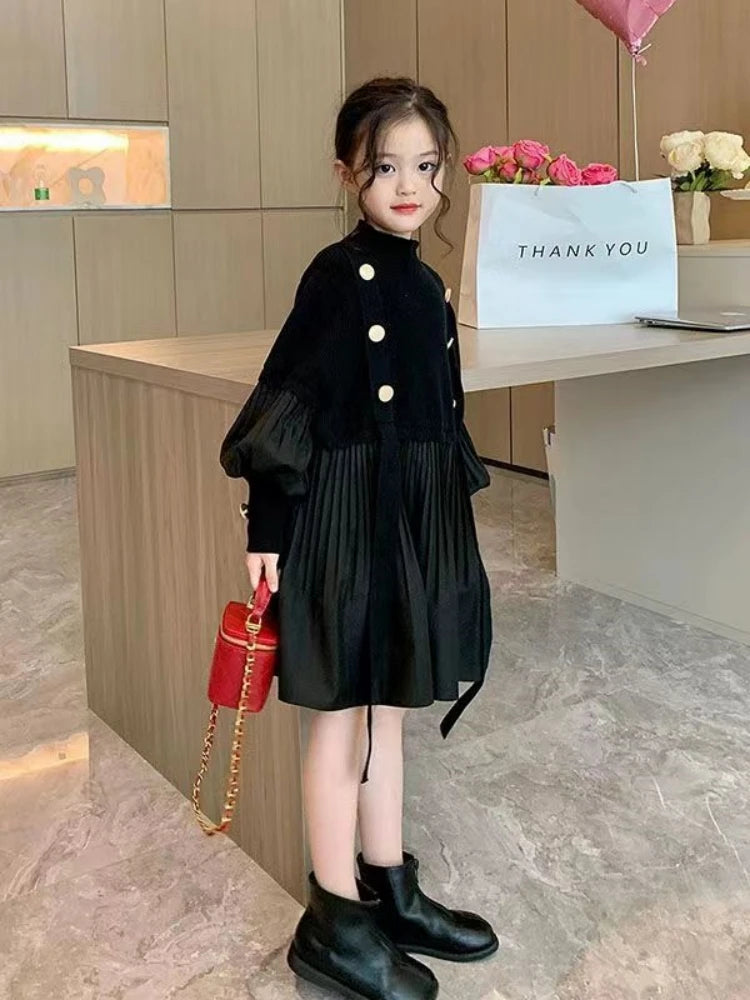 2025 Spring and Autumn New Girls' Dress Children's Clothing Black Design Sense Spliced Knitted Pleated Skirt