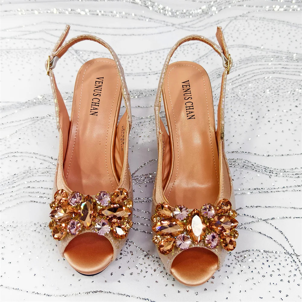 2025 New Rhinestone Design African Shoes & Bag Set in Green – Open Toe Comfortable Women's Heels - Hot Sale on Instagram