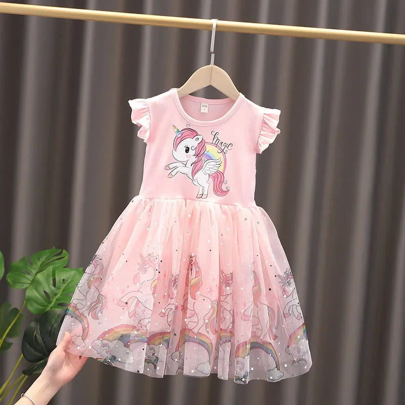 Girls Clothes 2025 New Summer Princess Dresses Flying Sleeve Kids Dress Unicorn Party Baby Dresses for Children Clothing 1-6Y