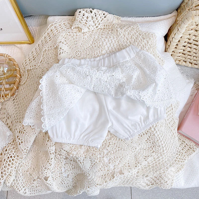 Girls 2024 Summer Clothing Sets Hollow Lace Suit Baby Casual Sleeveless T-shirt+Shorts Kids Clothing Sets Baby Clothes Outfits