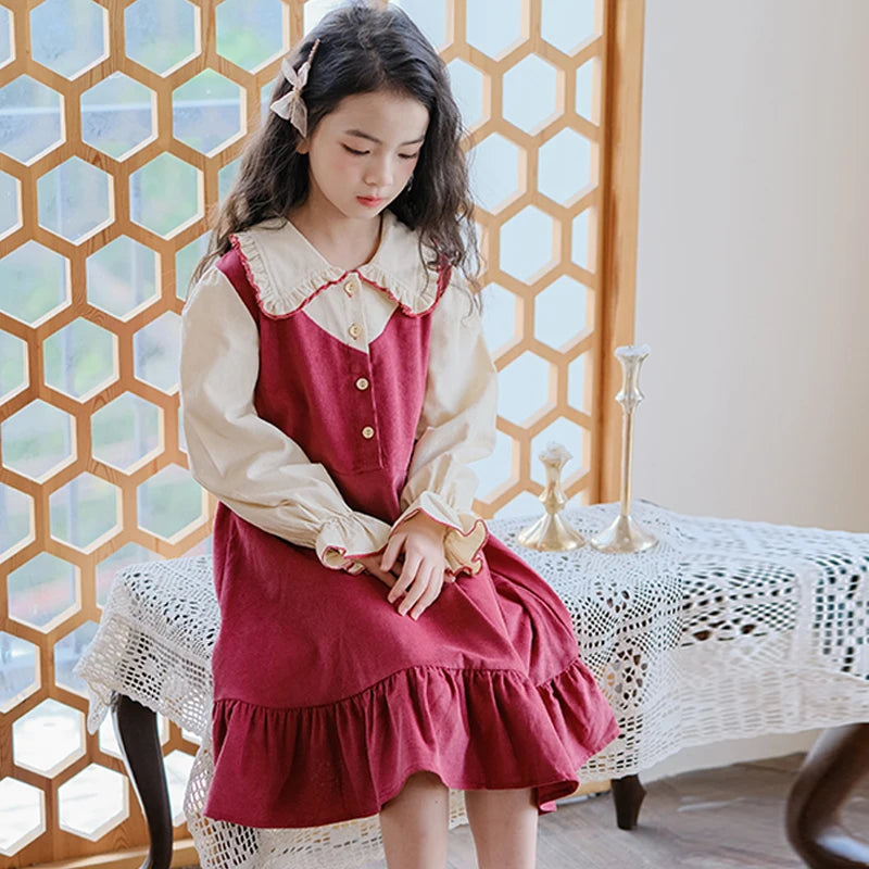Girls Dress 2023 Winter Korean Style Children's Clothing Girls Fake Two-Piece Lapel Forest Fishtail Skirt Corduroy Princess Dress